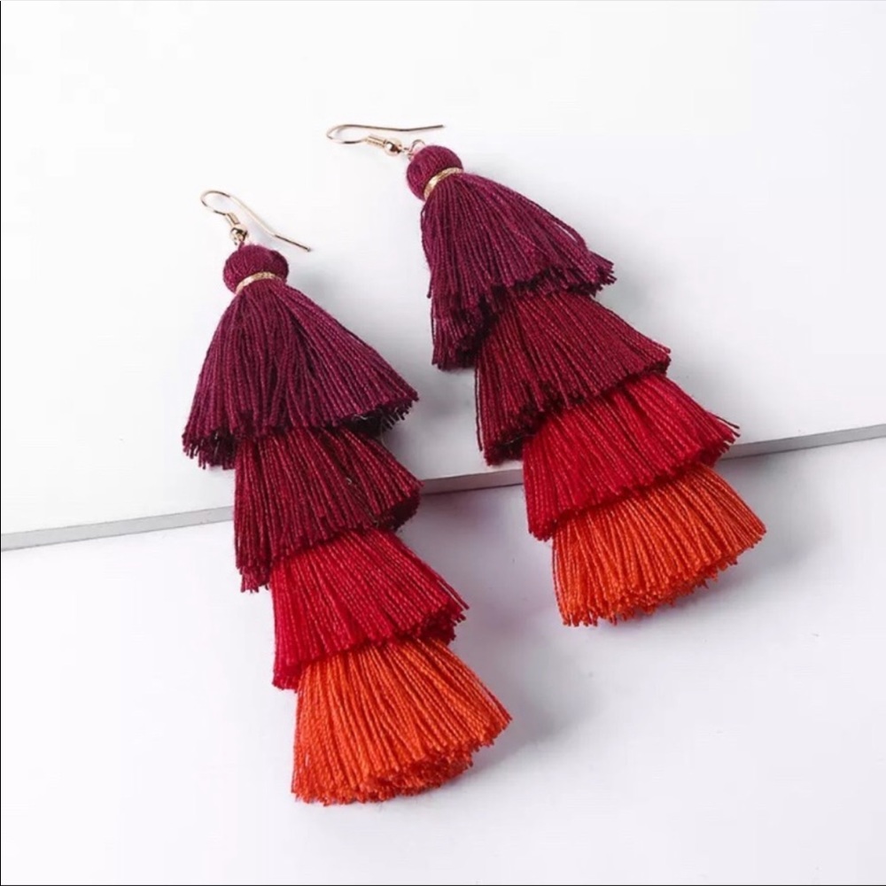 New!! Zara Red Silk Tassel Earrings - Picture 1 of 4